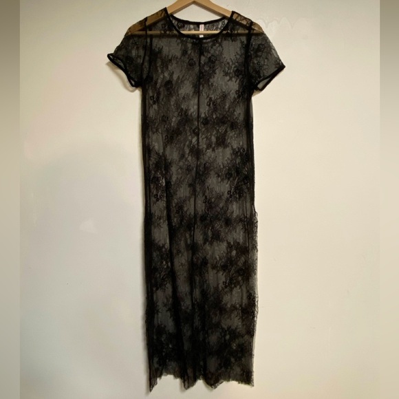 Xhilaration Black Sheer Lace Midi Dress XS Floral Mesh Overlay - Picture 2 of 10